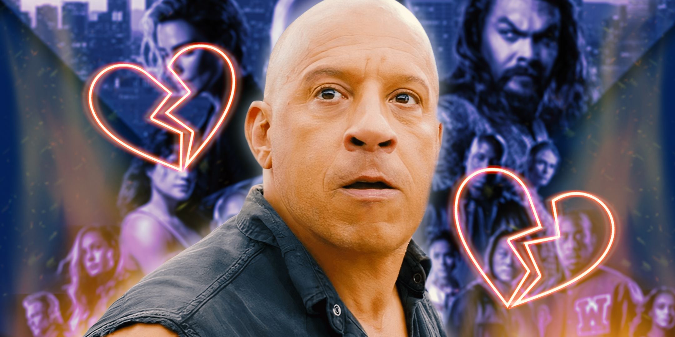 Вин Дизель в роли Дома Торретто, выглядящий шокированным, с разбитыми сердцами вокруг него и рядом с другими персонажами Fast & Furious