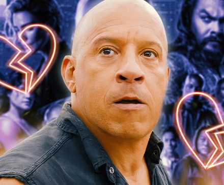 Вин Дизель в роли Дома Торретто, выглядящий шокированным, с разбитыми сердцами вокруг него и рядом с другими персонажами Fast & Furious