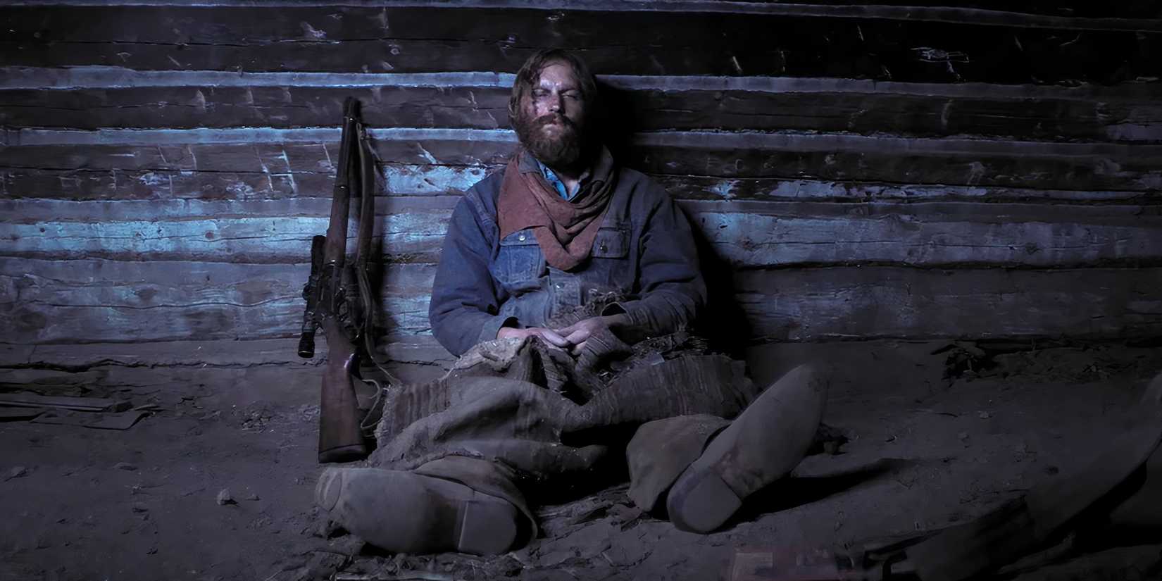 Wyatt Russell as True laying down looking exasperated in Broke