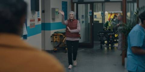 Anita Dobson waving as Mrs. Flood in Doctor Who