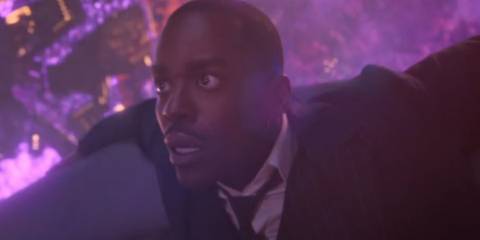 Ncuti Gatwa looking scared as the Fifteenth Doctor as he falls into Earth's destruction in Doctor Who's 