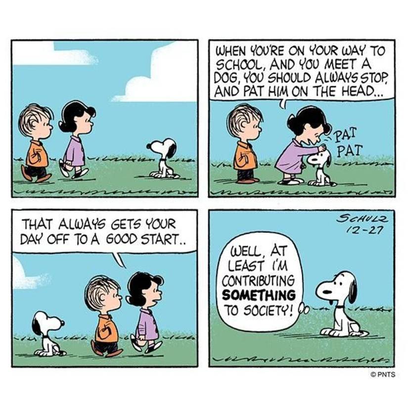 Peanuts, Snoopy getting pat on the head by Lucy.