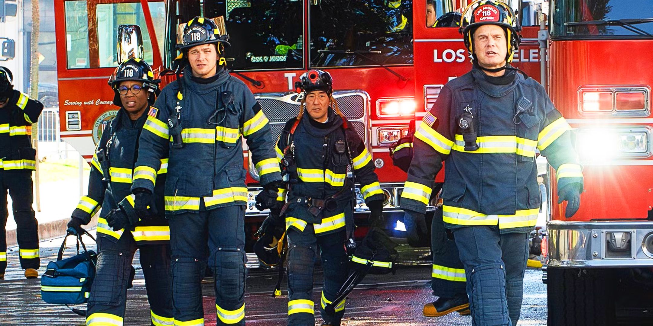Members of LAFD station 118 walking towards an emergency in 9-1-1.