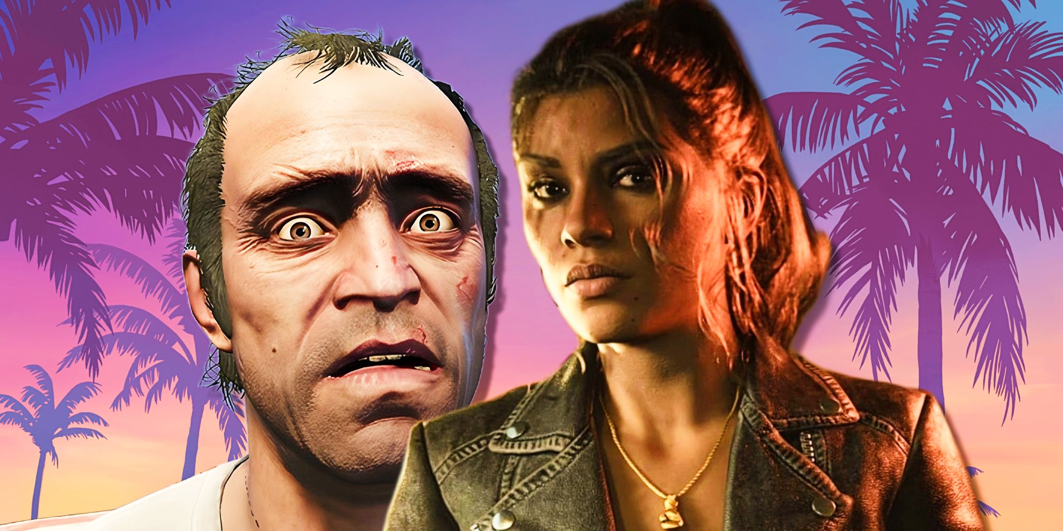 A mildly perturbed Lucia from GTA 6 in front of a terrified Trevor from GTA 5.