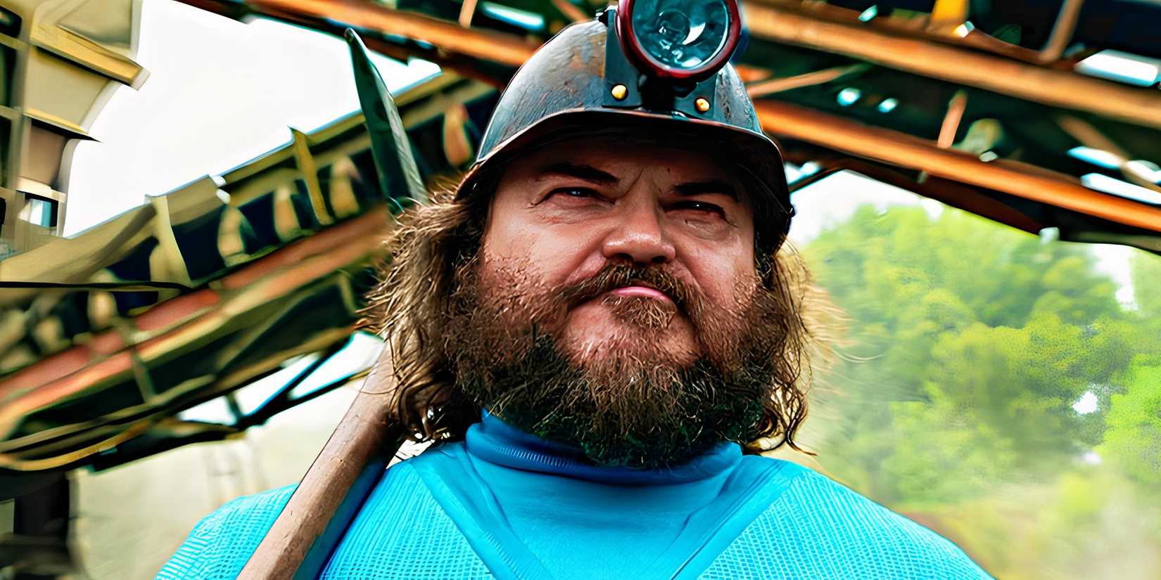 Jack Black as Steve with a miner's helmet on and a pickaxe in A Minecraft Movie.