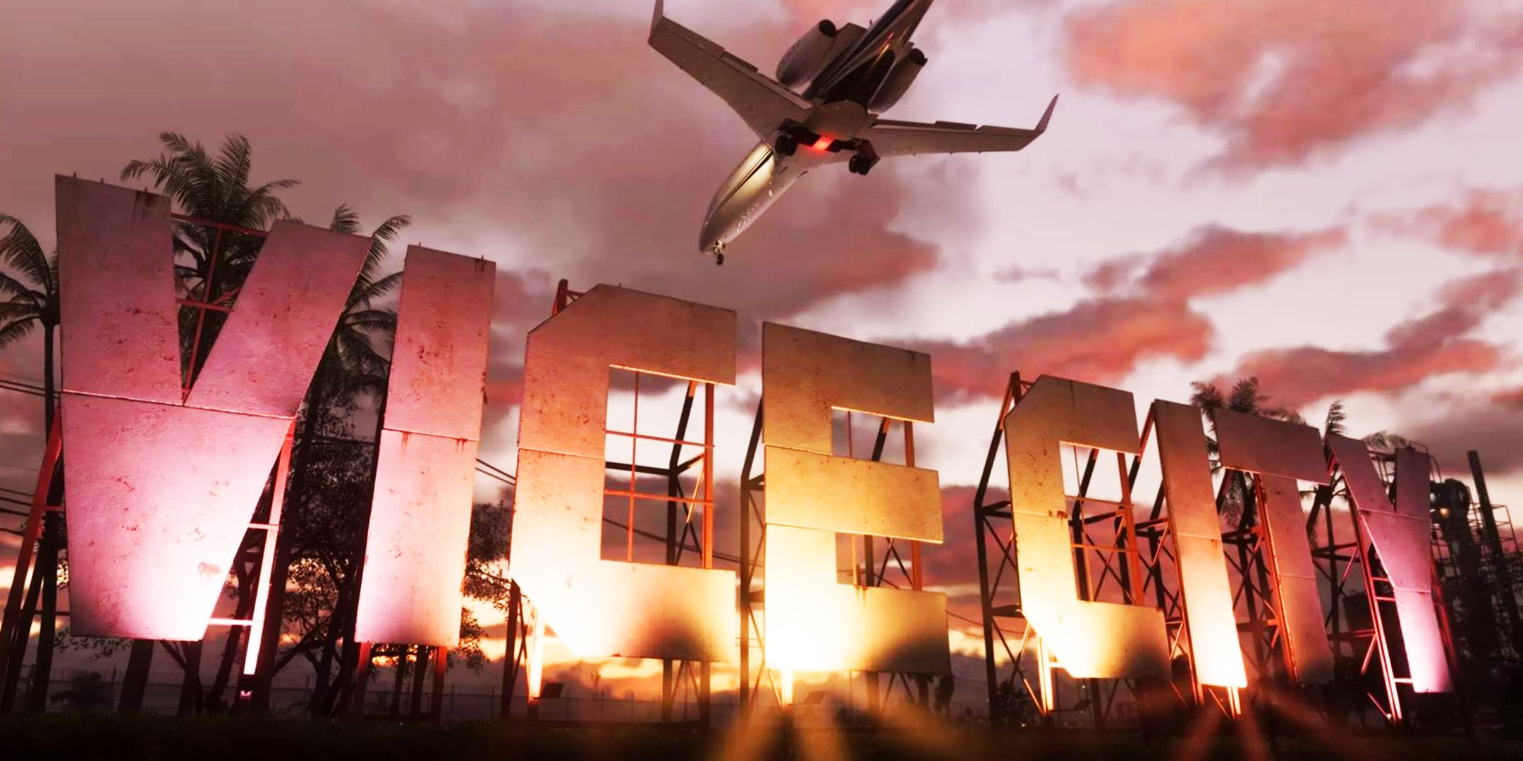 A plane flying over the Vice City Sign from Grand Theft Auto 6