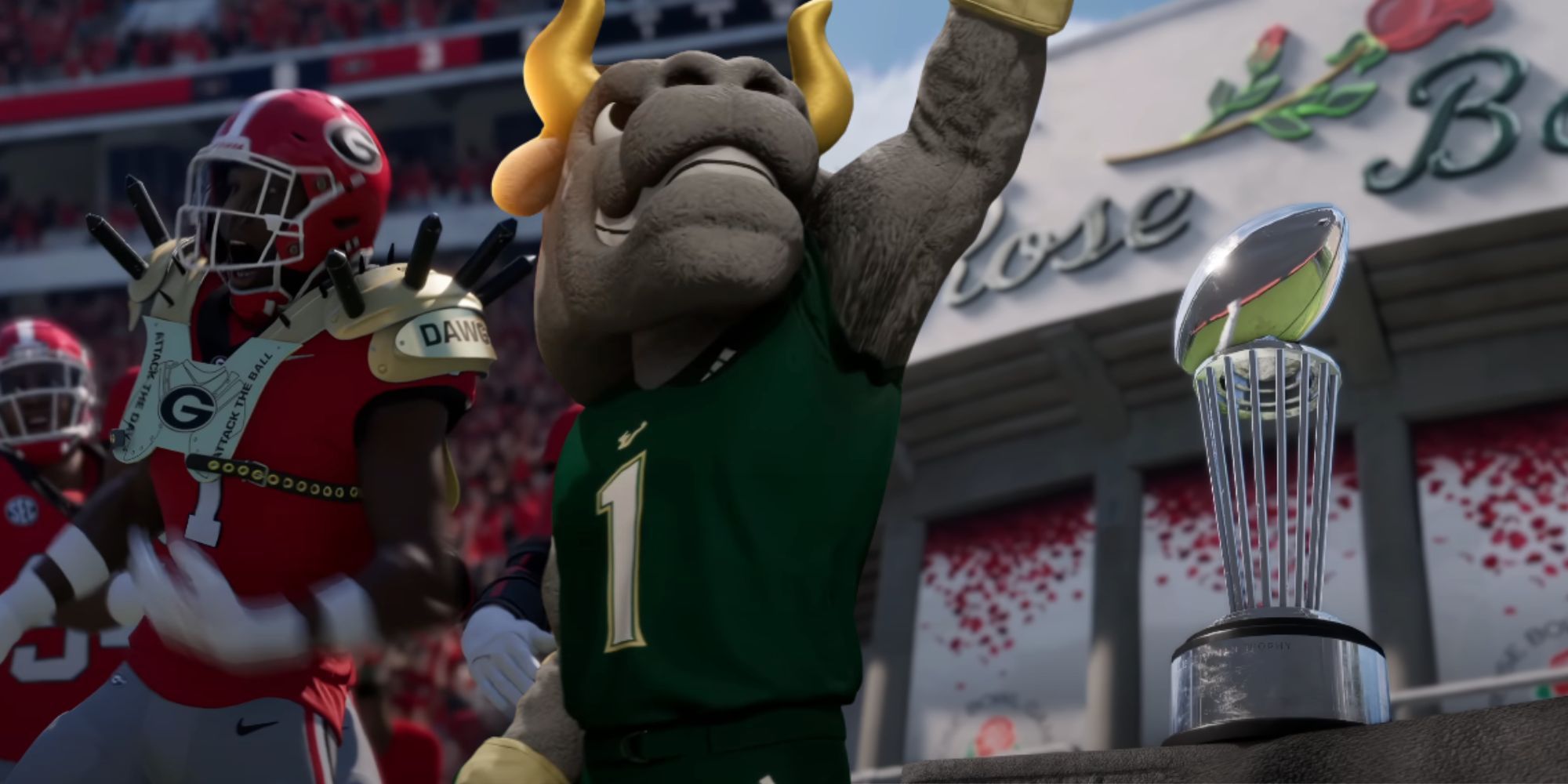 A player celebrating, a mascot, and the Rose Bowl trophy in College Football 26