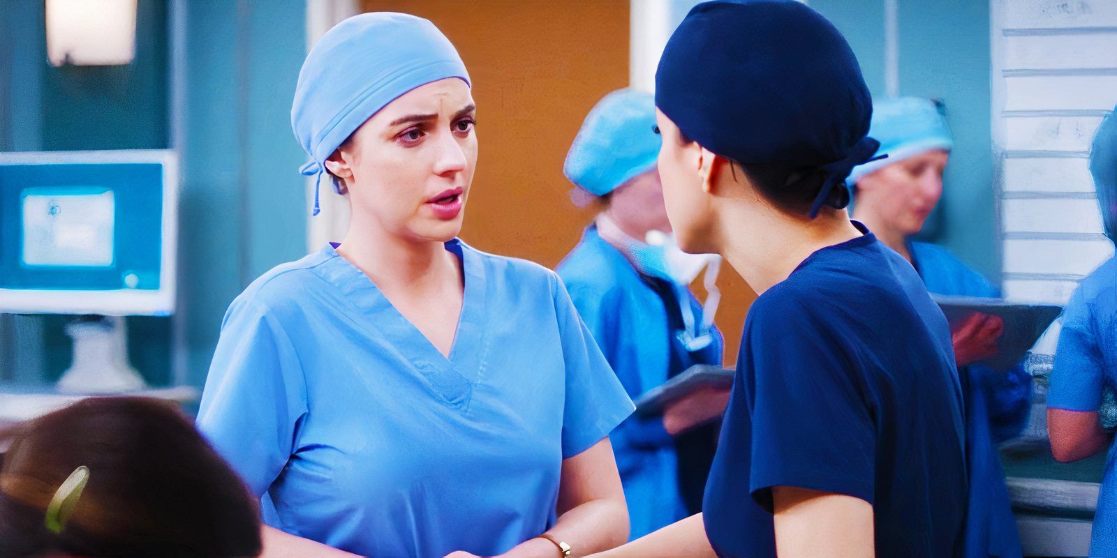 Adelaide Kane as Jules Millin and Natalie Morales as Monica Beltran in Grey's Anatomy season 21 episode 18