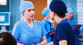 Adelaide Kane as Jules Millin and Natalie Morales as Monica Beltran in Grey's Anatomy season 21 episode 18