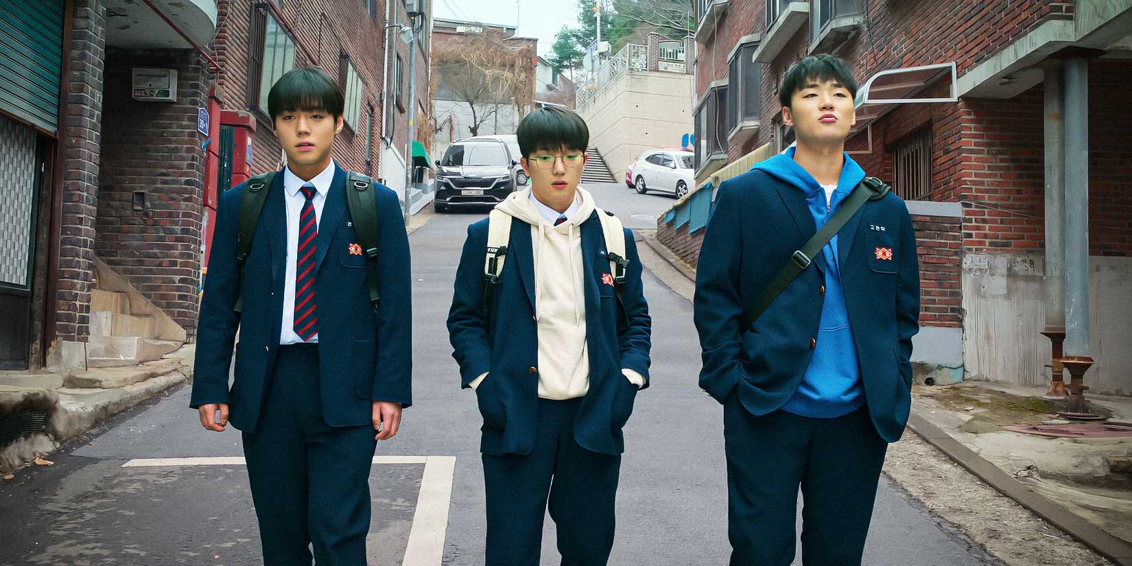 Park Ji-hoon als Yeon Si-eun, Lee Min-jae als Go Hyun-tak und Choi Min-yeong als Seo Jun-tae in Weak Hero Class 2