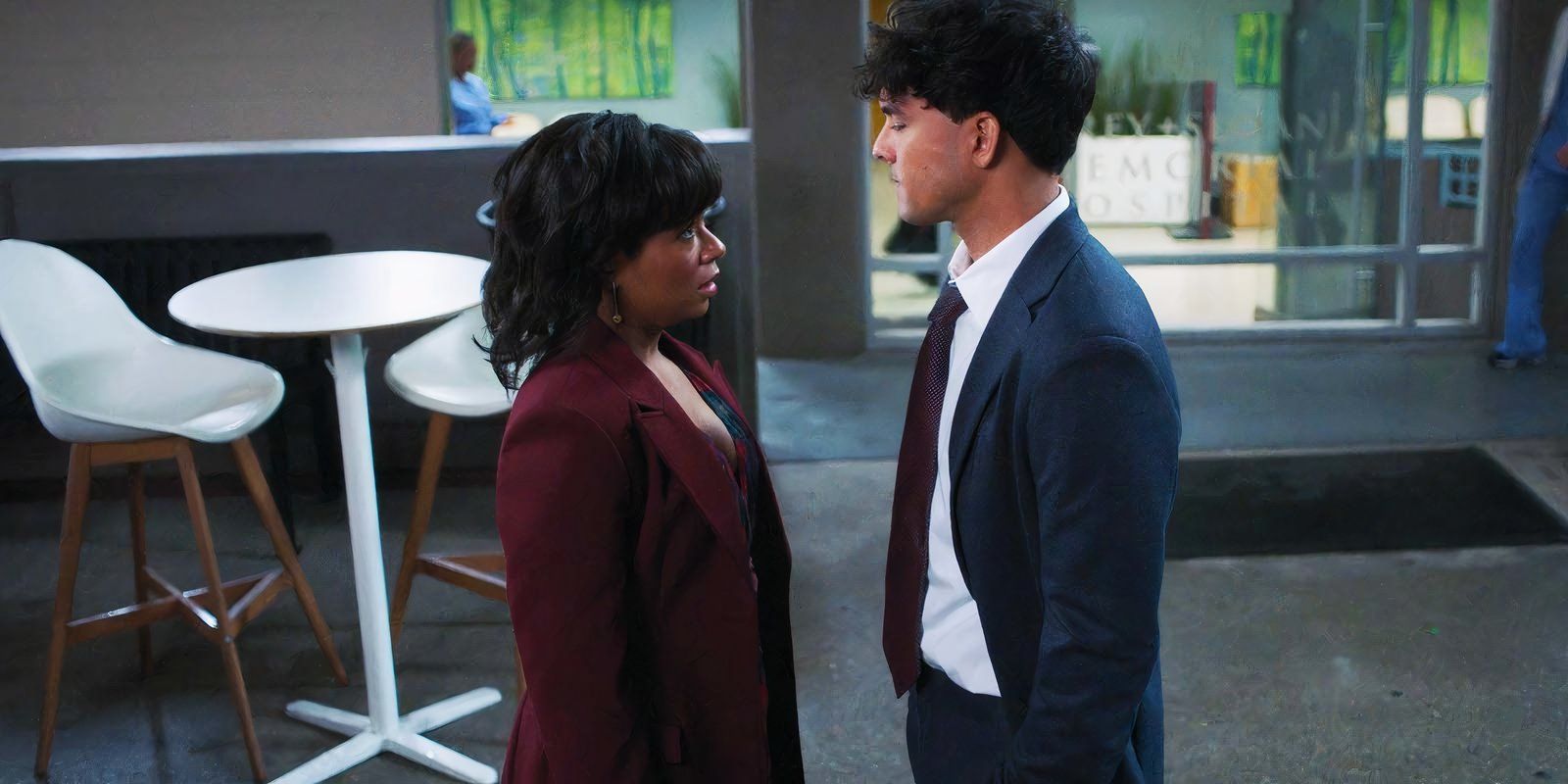 Alexis Floyd as Simone Griffith and Niko Terho as Lucas Adams in Grey's Anatomy season 21 episode 17