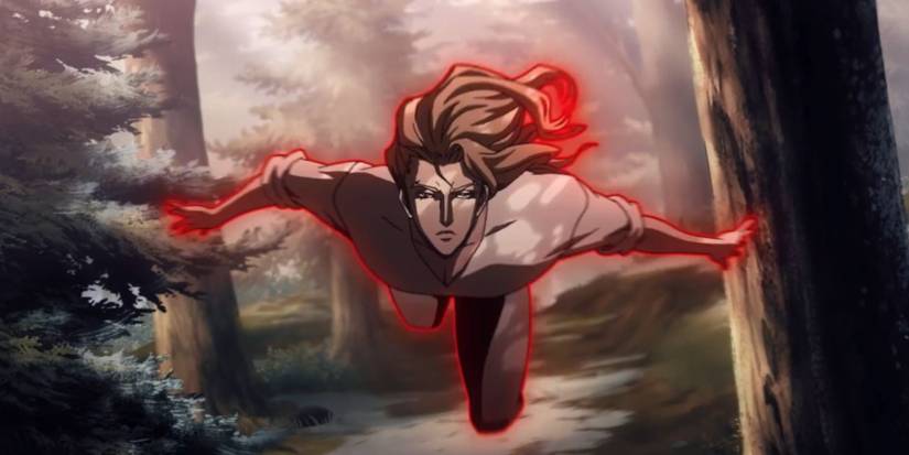 Alucard floating through the woods and glowing red in Castlevania season 3