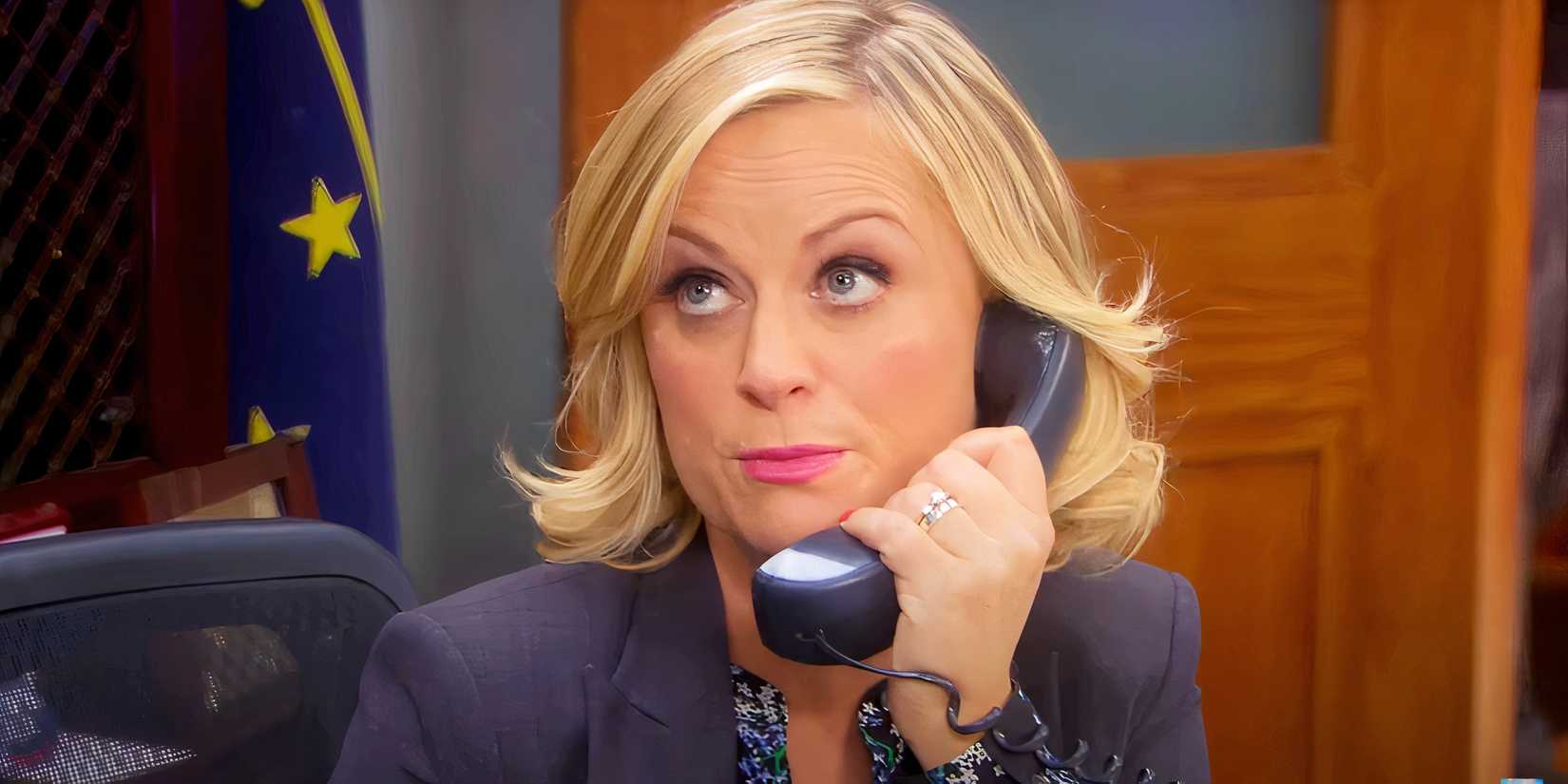 Amy Poehler on the phone as Leslie Knope in Parks and Recreation