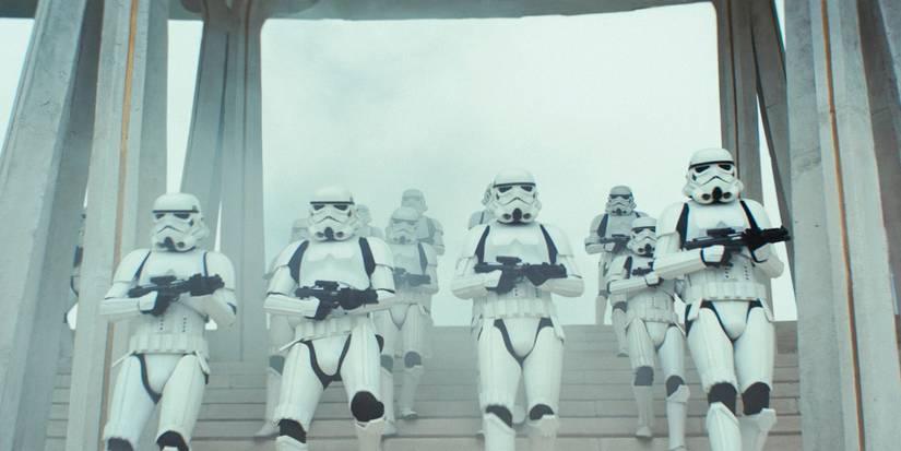 Stormtroopers marching during the Ghorman Massacre in Andor season 2 episode 8