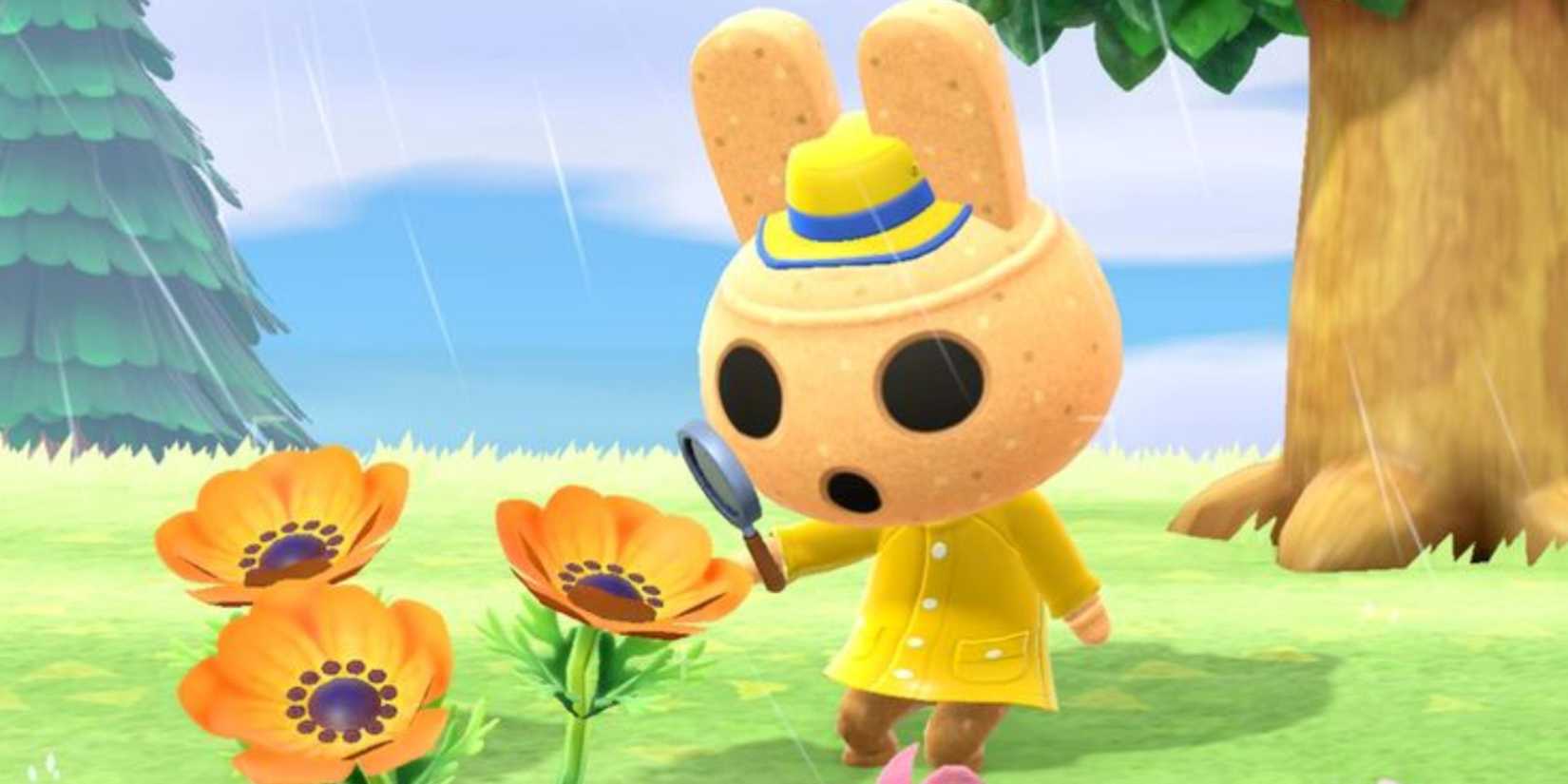 Animal Crossing New Horizons Coco looking at a flower with a magnifying glass in the rain
