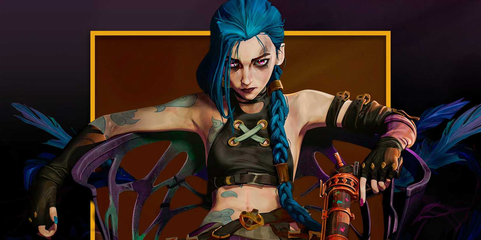 Jinx sitting in a chair holding a gun
