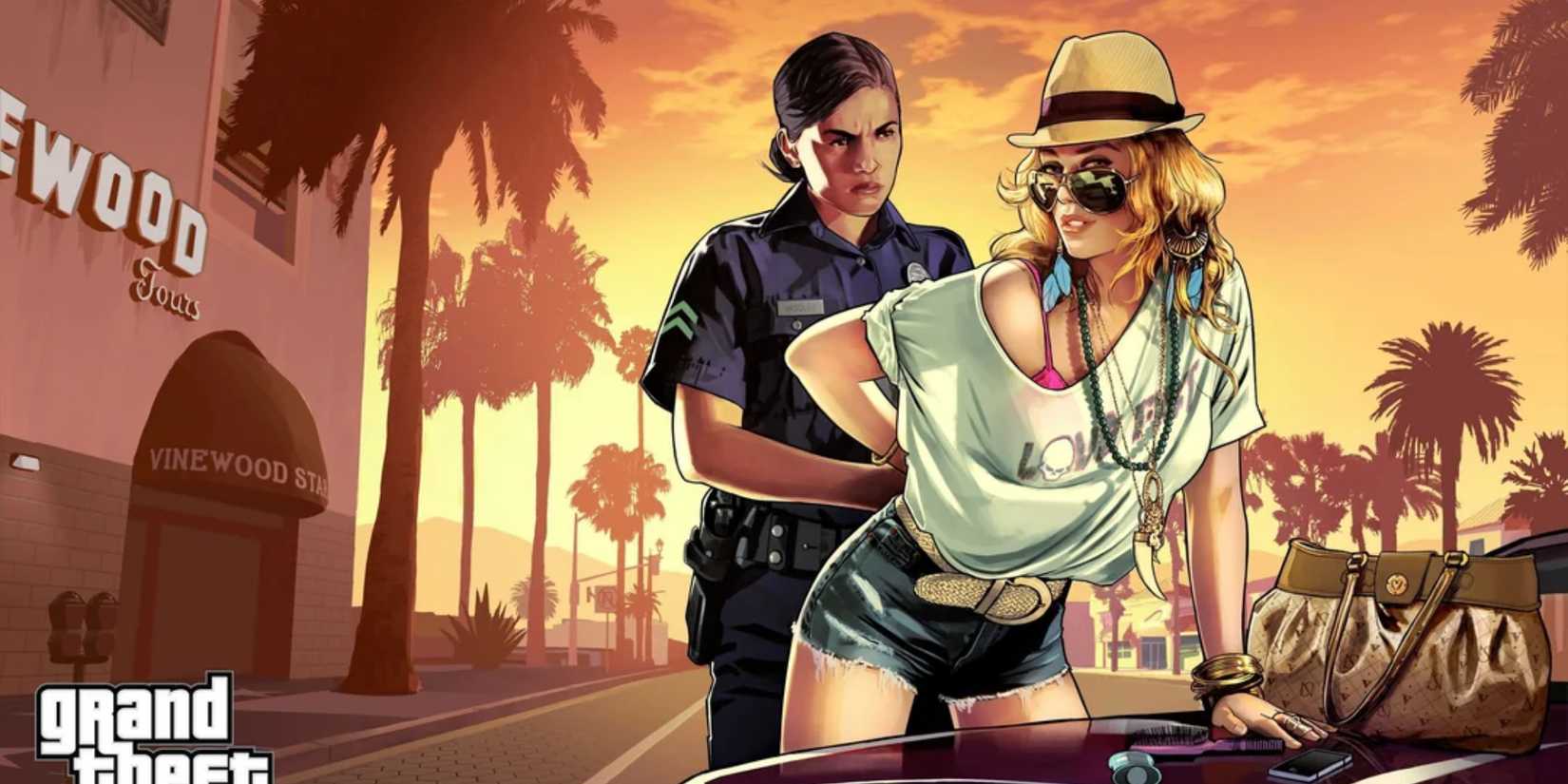 A GTA 5 character being detained by a police officer against a car