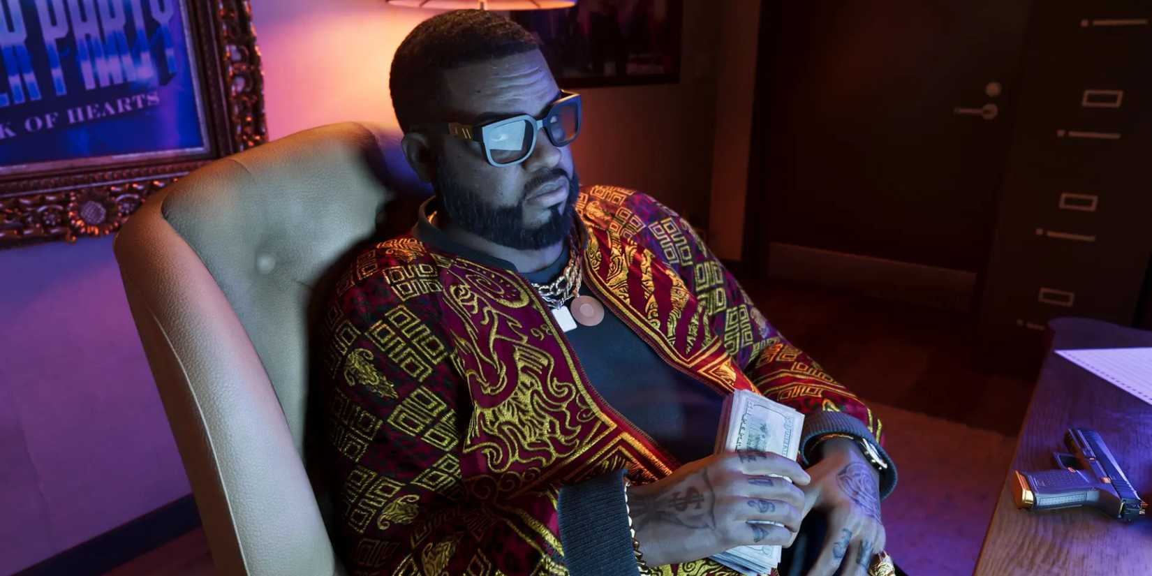 Boobie holding money while sitting at a desk in GTA 6