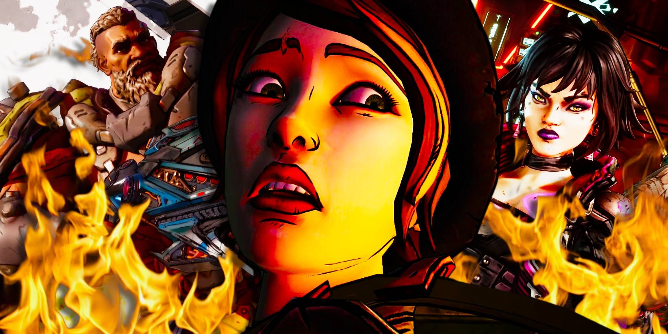 A Tales From The Borderlands character looking shocked with Amon and Vex from Borderlands 4 behind her.