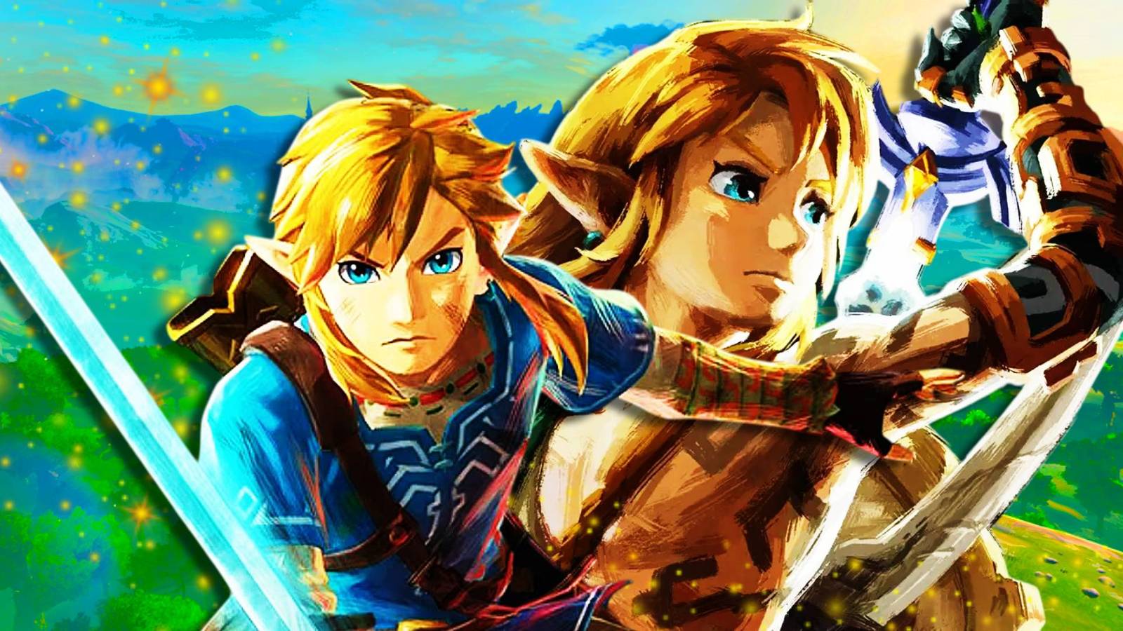 Art of Link holding a sword from Breath of the Wild next to art of Link pulling out the Master Sword in Tears of the Kingdom.
