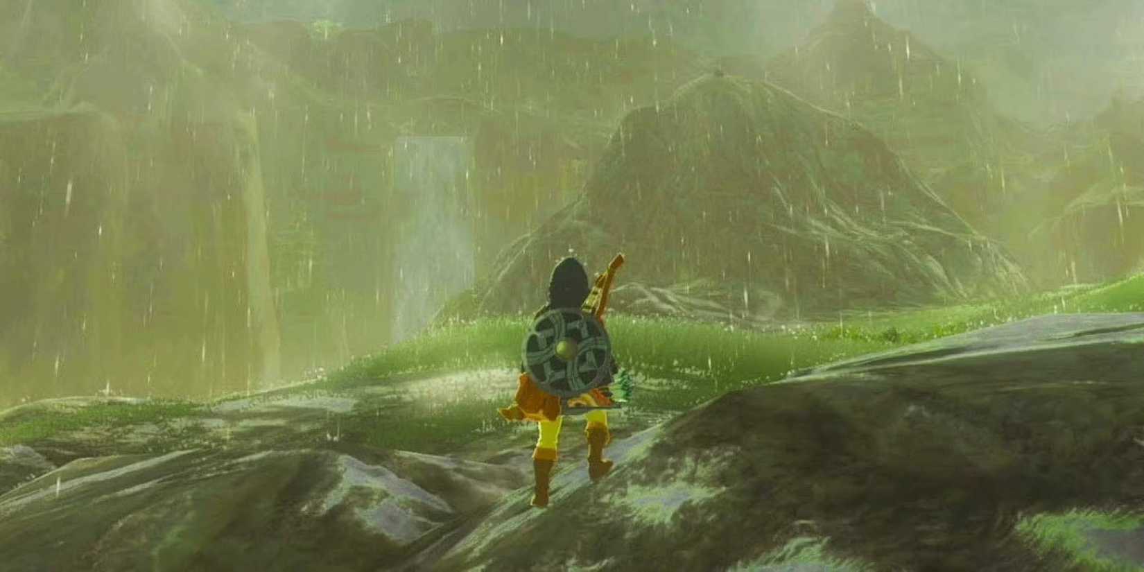 Link standing on rocks looking at the rain in Breath of the Wild.