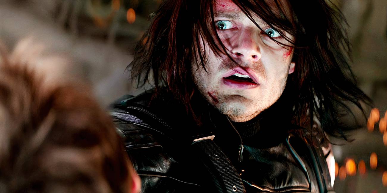 Bucky Barnes looks shocked and confused while hunched over Steve Rogers in Captain America the Winter Soldier