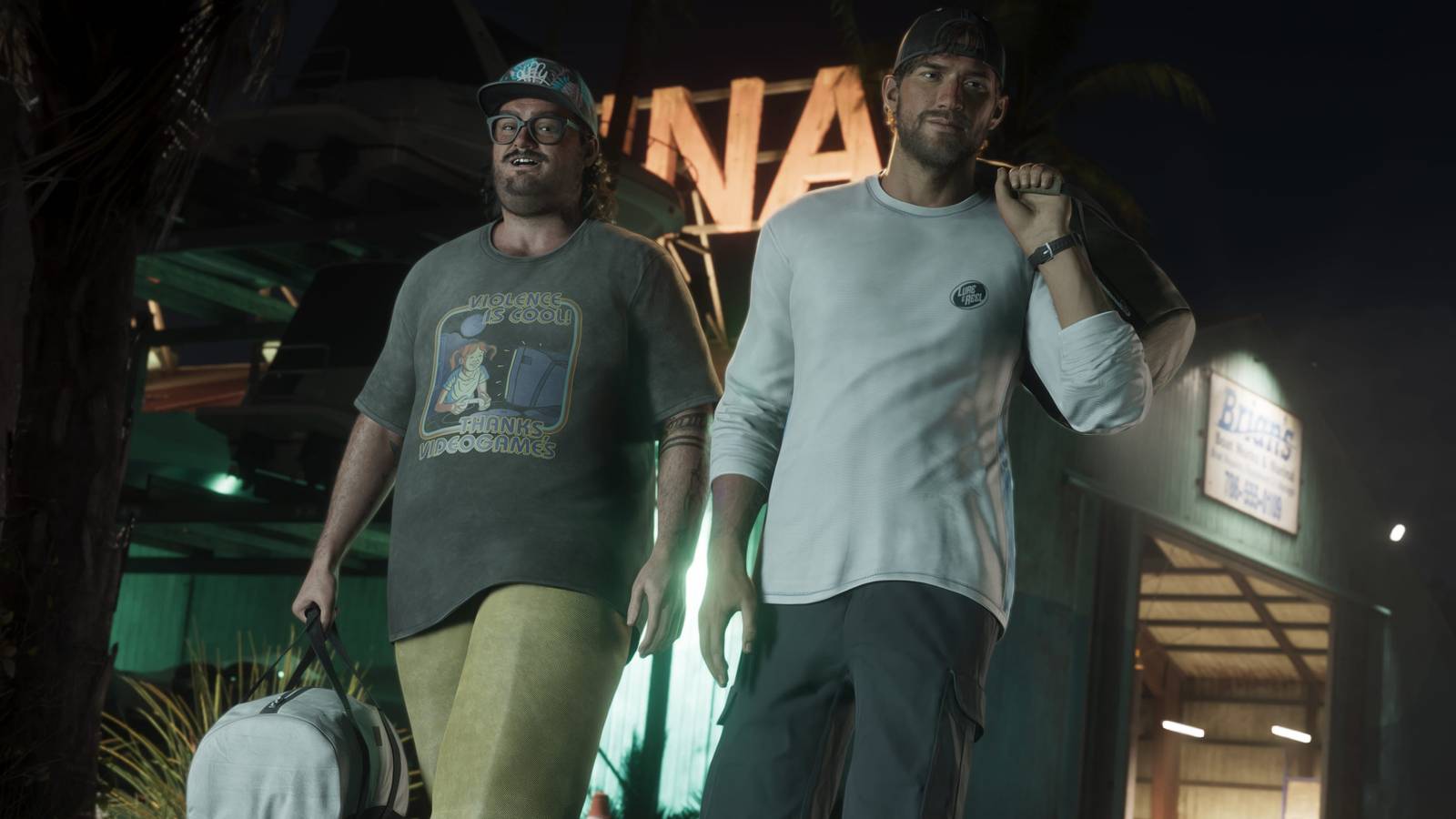 Cal and Jason carrying bags and leaving a hanger in GTA 6