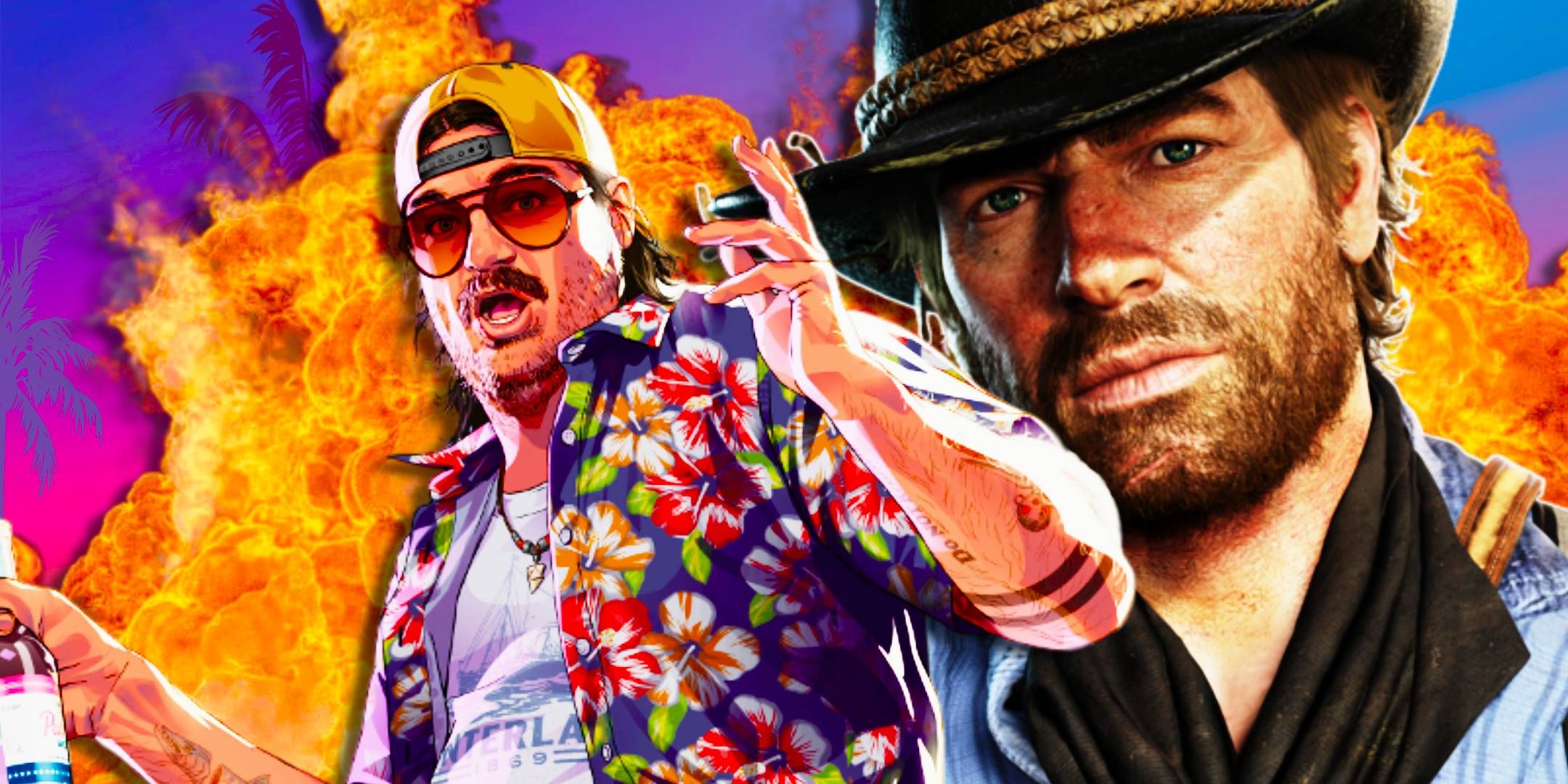 Cal Hampton from GTA 6 looking shocked while Arthur Morgan from Red Dead Redemption stands behind him.