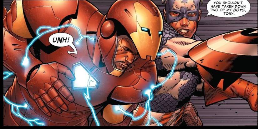 Captain America Steve Rogers throws the first punch with his shield against Team Iron Man Tony Stark in Civil War #3