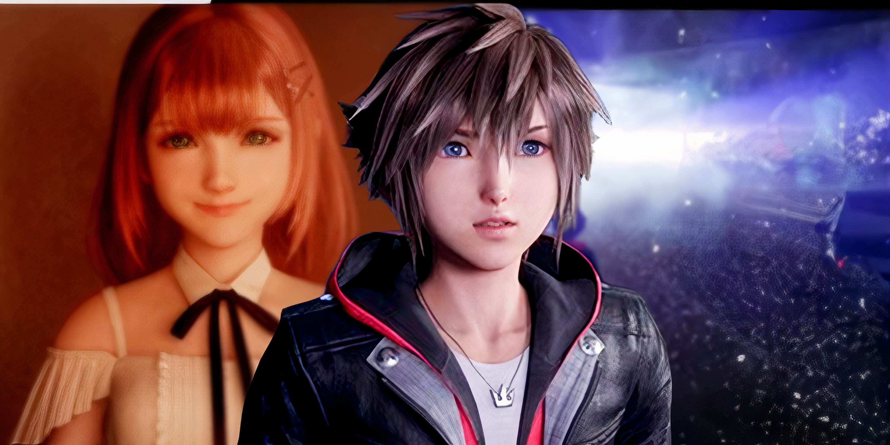 Character in leather jacket from Kingdom Hearts 4 with a smiling girl and bright light behind him 
