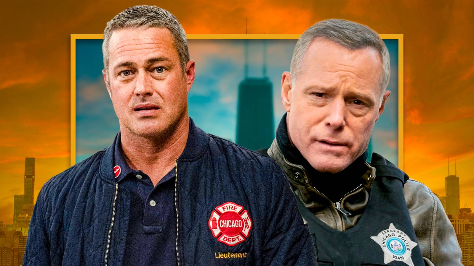 Severide and Voight in front of an orange skyline in One Chicago
