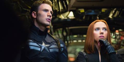 Chris Evans as Captain America and Scarlett Johansson as Black Widow in The Winter Soldier