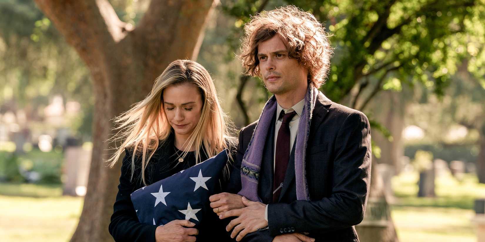 JJ (A.J. Cook) and Reid (Matthew Gray Gubler) at Will's funeral in Criminal Minds: Evolution season 3, episode 3.