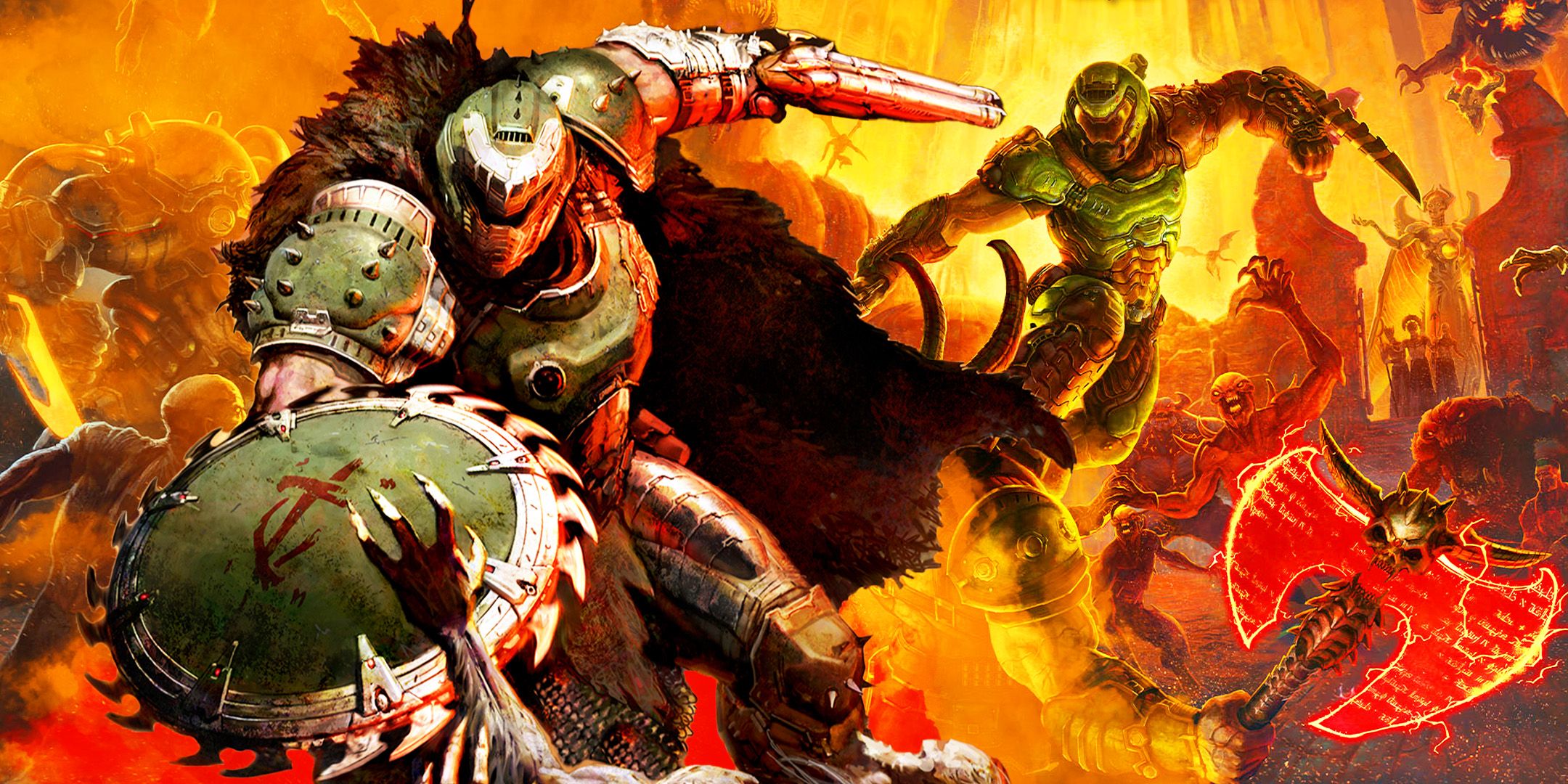Collage image of key art from DOOM Eternal and The Dark Ages