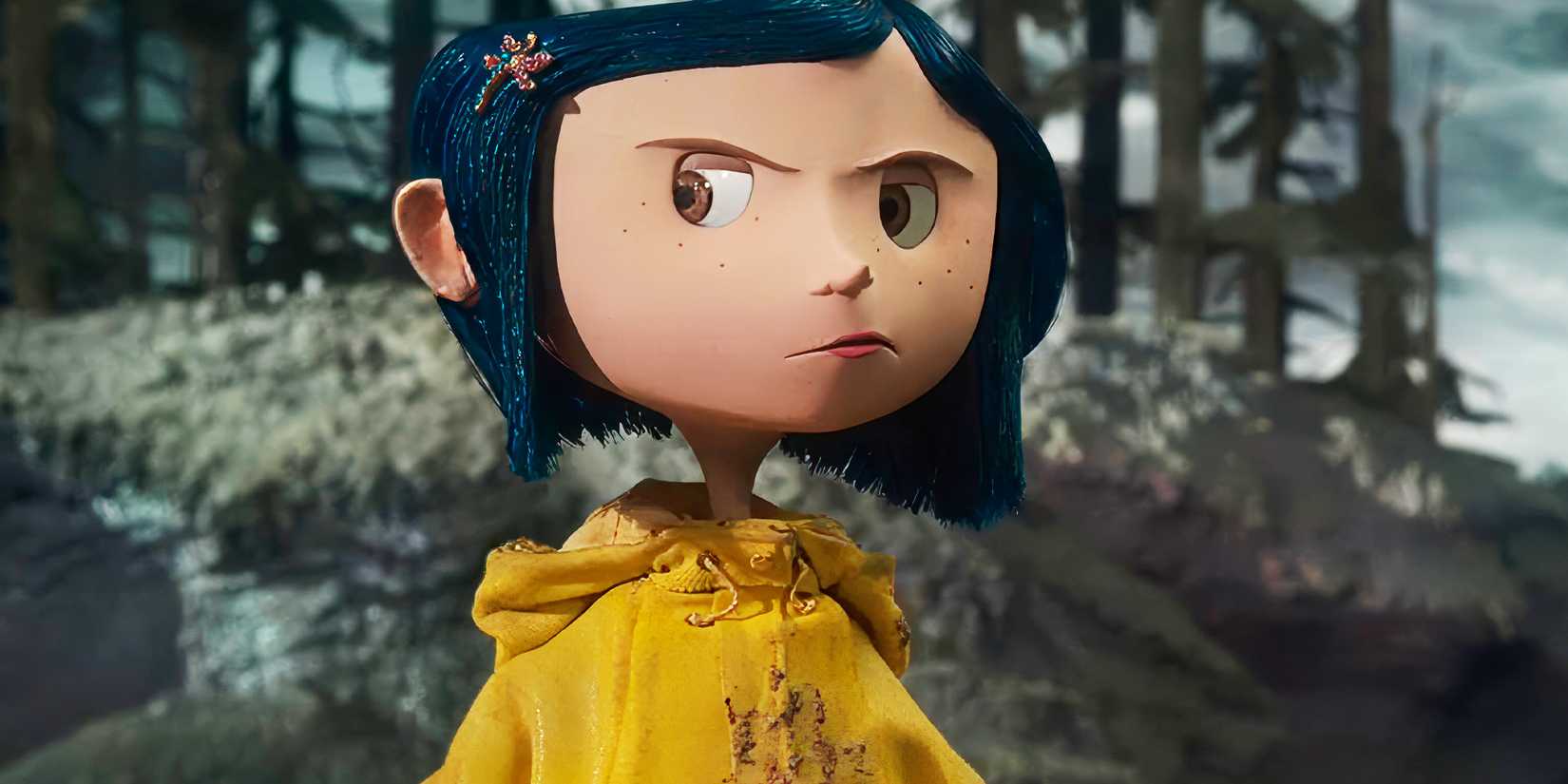 Coraline com uma expressão irritada em Coraline.