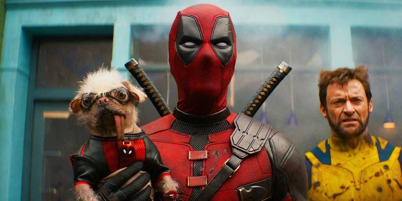 ᴅᴇᴀᴅpool holding Dogpool while Wolverine stands behind him in ᴅᴇᴀᴅpool & Wolverine