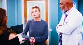 Debbie Allen as Catherine Fox, Ellen Pompeo as Meredith Grey and James Pickens Jr. as Richard Webber in Grey's Anatomy season 21 episode 18