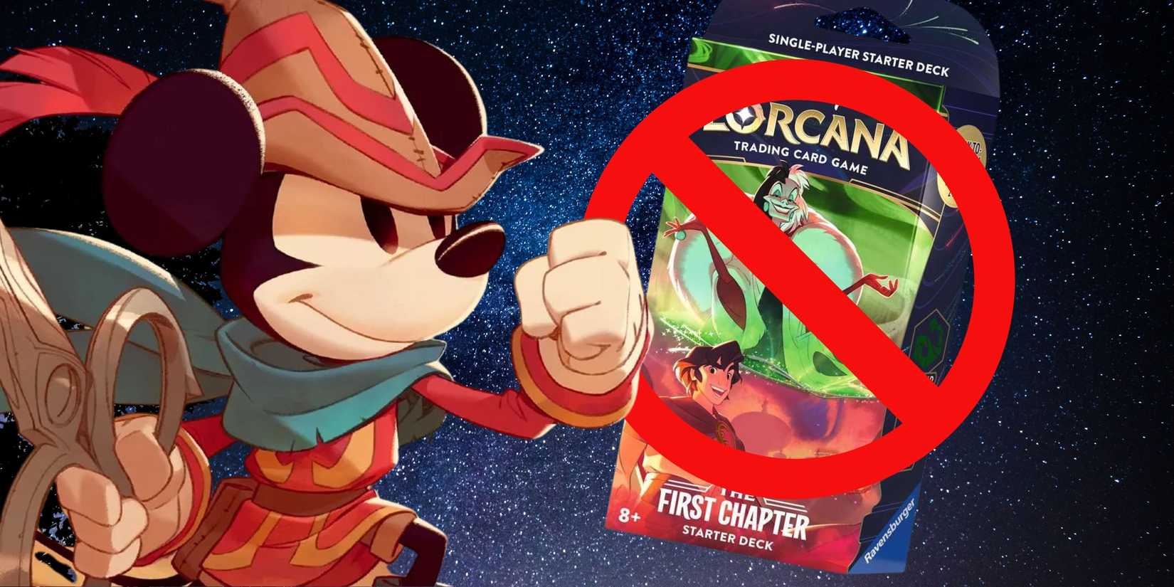 Disney Lorcana starter deck with a No symbol over it while Mickey Brave Little Tailor raises a fist