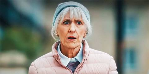 Mrs. Flood looking shocked in Doctor Who