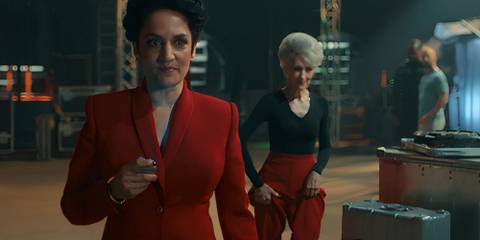 Doctor Who Season 15 The Interstellar Song Contest Anita Dobson and Archie Panjabi as Mrs. Flood and The Rani Walkaway-2