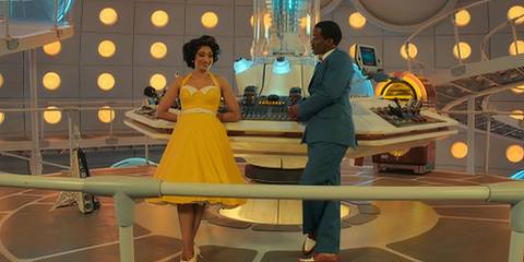 Belinda and the Doctor in 1950s clothes in Doctor Who season 15