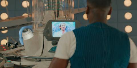 The Fifteenth Doctor looking at past Doctors appear on a viewscreen on Doctor Who