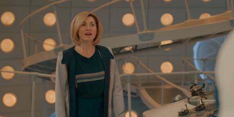 the Thirteenth Doctor looking to Fifteen with a stunned expression in Doctor Who