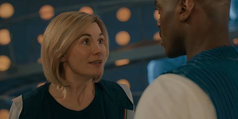 the Thirteenth Doctor talking earnestly to the Fifteenth Doctor in Doctor Who
