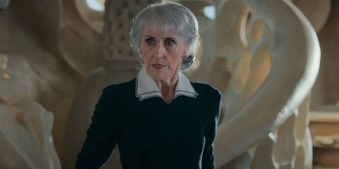 Mrs Flood looking aghast at something on Doctor Who