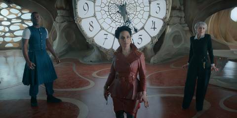 The Fifteenth Doctor, The Rani, and Mrs. Flood standing apart in Doctor Who