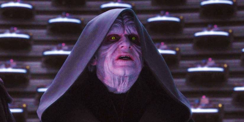 Emperor Palpatine/Darth Sidious in Revenge of the Sith with his Sith eyes visible under his hood