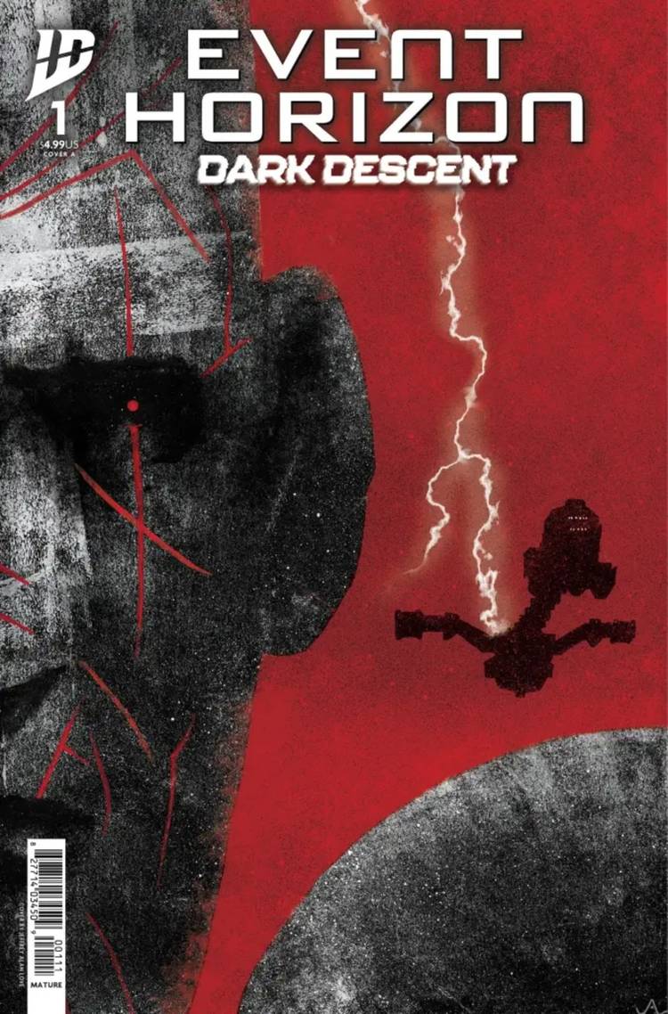 Event Horizon Dark Descent #1 cover, the mutilated captain against a red backdrop and the ship's silhouette