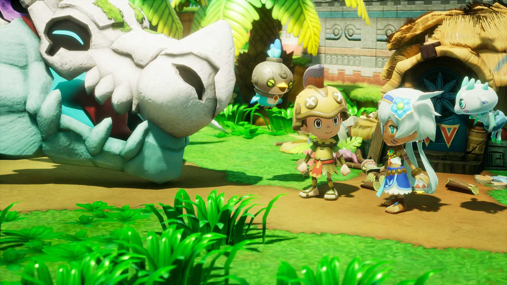 fantasy life i screenshot with the characters standing ext to dragon skull