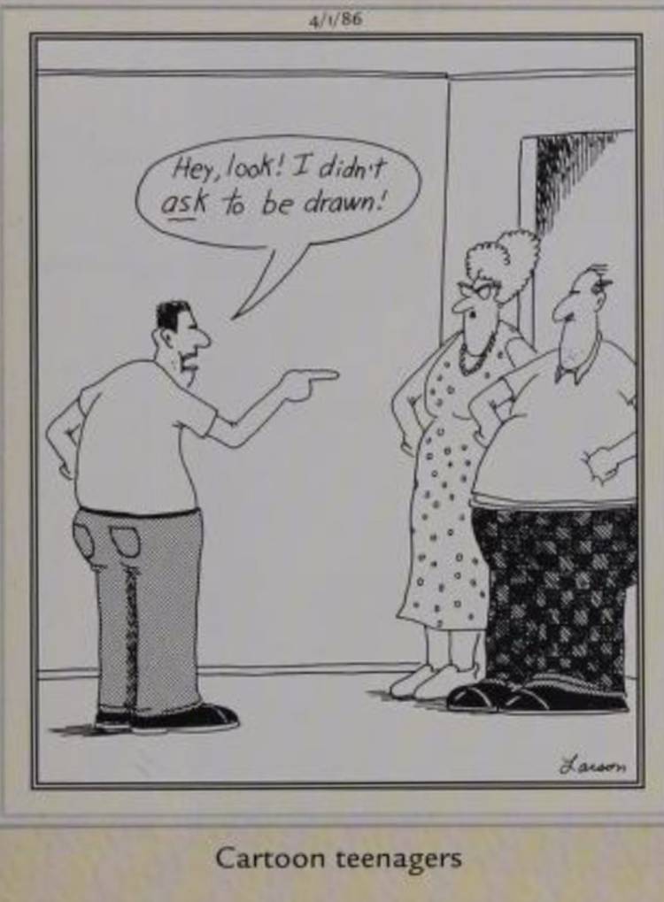 Far Side, April 1, 1986, a cartoon teenager yells at his parents
